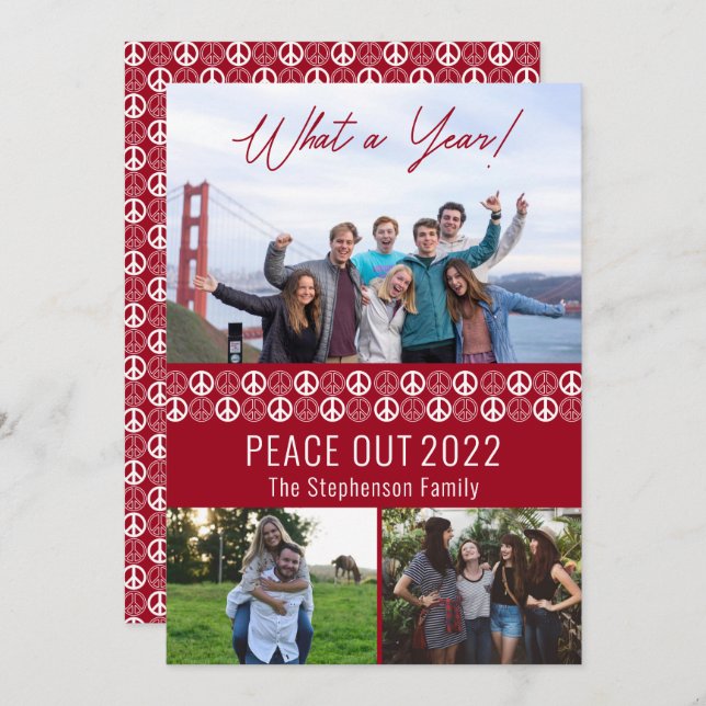 Peace Out 2023 What A Year 3 Photo Collage - Red  Holiday Card (Front/Back)