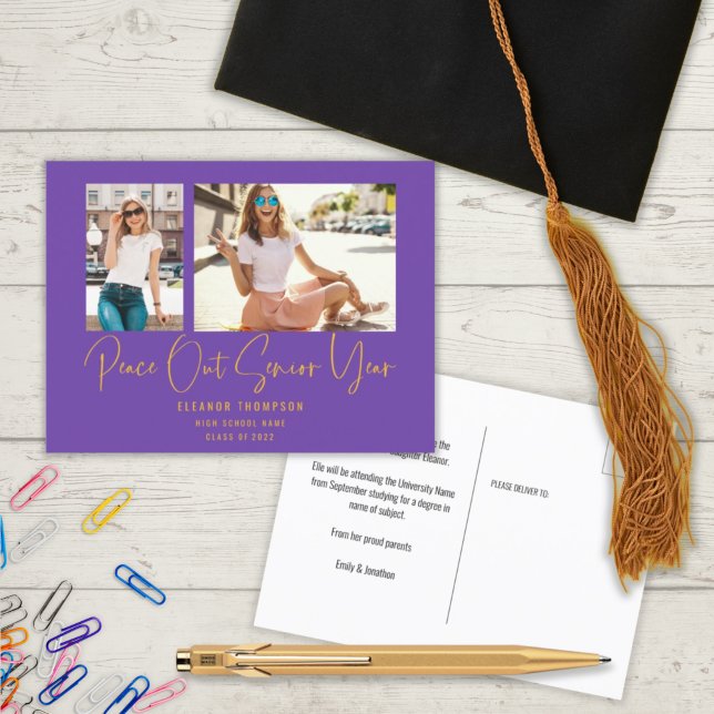Peace Out 2 Photo Script 2022 Graduation Purple Announcement Postcard (Creator Uploaded)