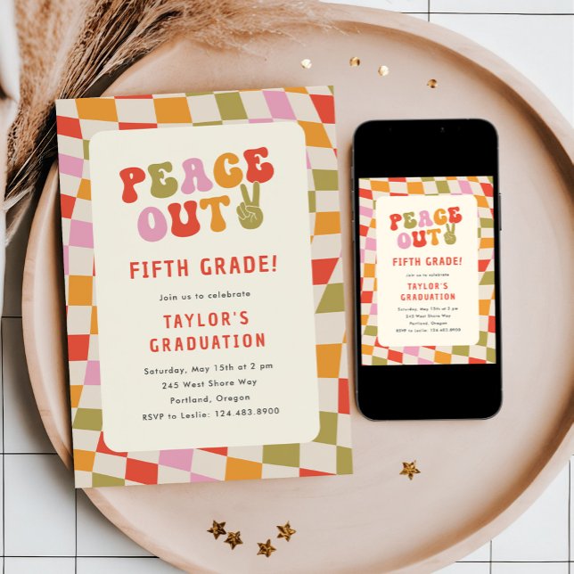 Peace Out 5th Grade Groovy Graduation Party Invitation (Creator Uploaded)