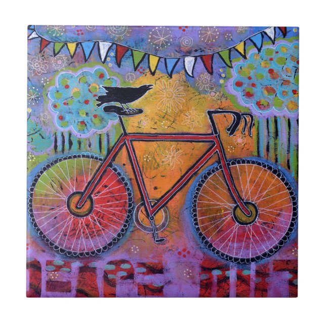Peace Out Colourful Bike and Raven Ceramic Tile (Front)