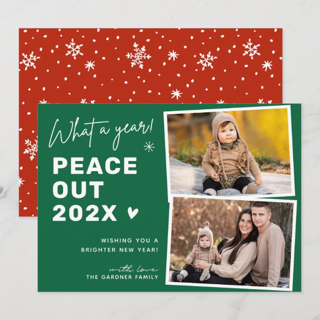 Peace Out Goodbye 2024 Happy New Year 2 Photo Holiday Card (Front/Back)