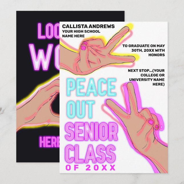 Peace Out School Pink Neon Lights Graduation Announcement (Front/Back)