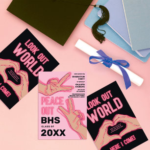 Peace Out School Pink Neon Lights Graduation Party Invitation