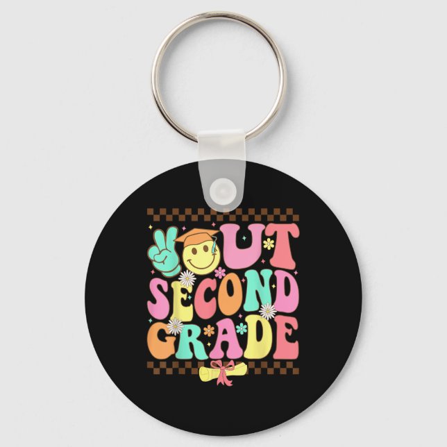 Peace Out Second Grade Last Day Of School Groovy 2 Key Ring (Front)