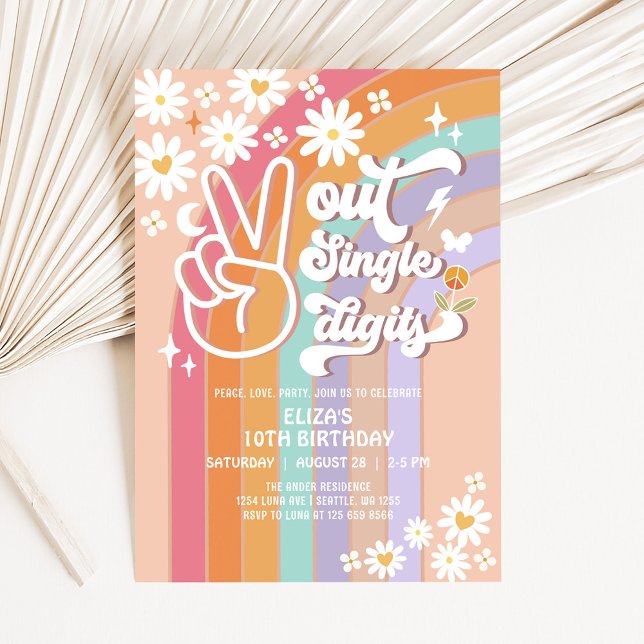 Peace Out Single Digits 10th Groovy Birthday Invit Invitation (Creator Uploaded)