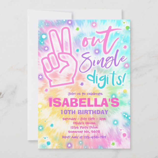 Peace Out Single Digits Hippy Tie Dye Birthday Invitation (Front)