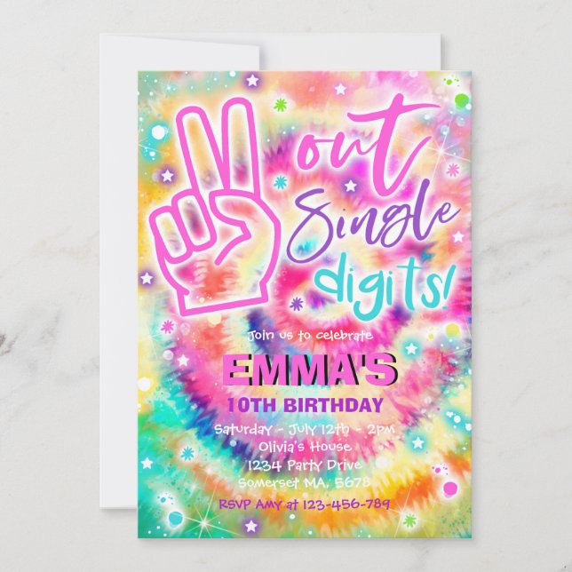 Peace Out Single Digits Hippy Tie Dye Birthday Invitation (Front)