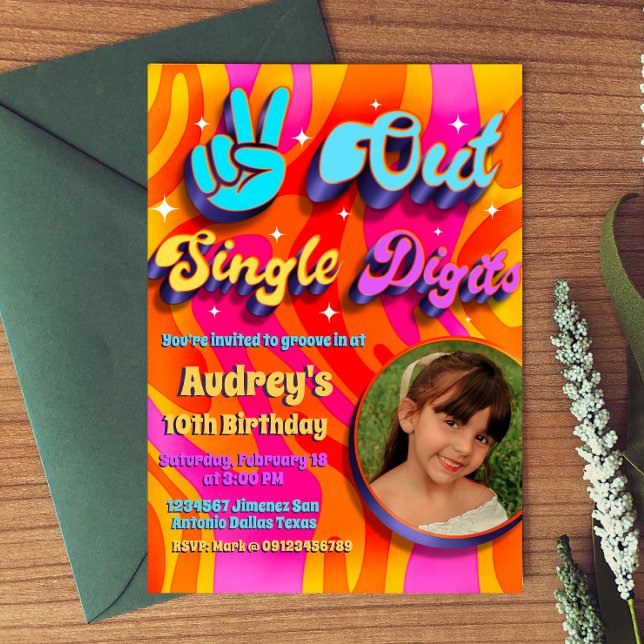 Peace Out Single Digits Im 10 with Picture Invitation (Peace Out Single Digits - Groovy Retro 10th Birthday Invitation with Photo)