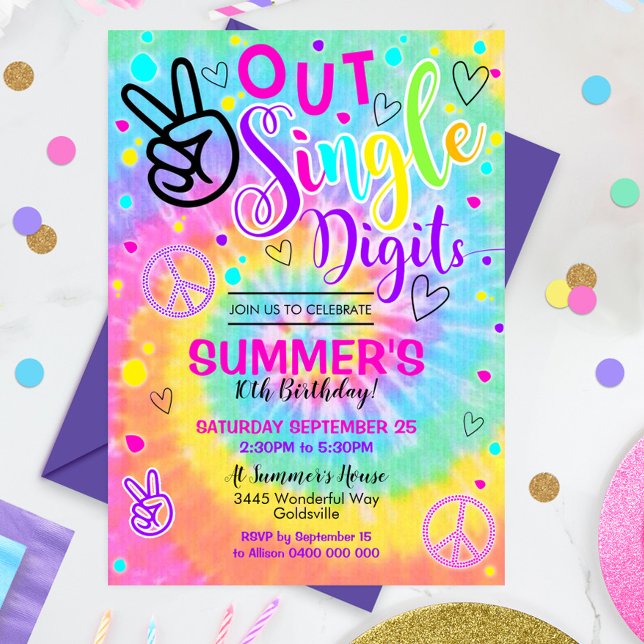Peace Out Single Digits Invitation Tie Dye 10th (Peace out Single Digits 10th Birthday Invitation. Rainbow Tie Dye Hippy Design)
