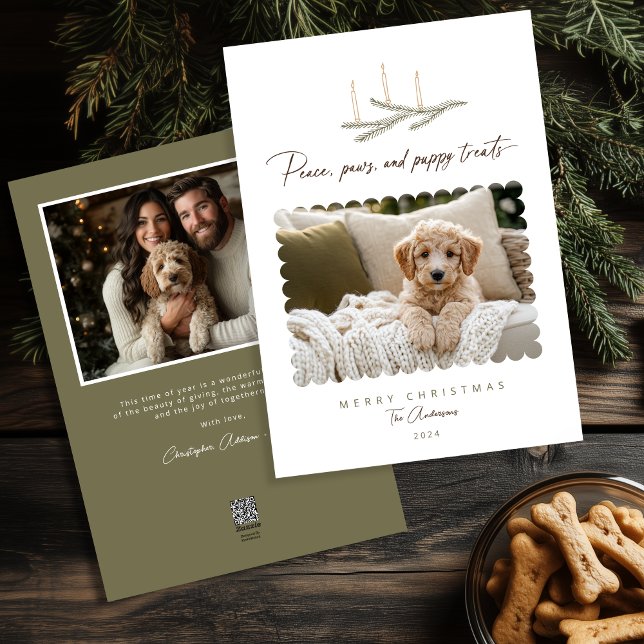 Peace Paws Puppy Treats Rustic Botanical Photo Dog Holiday Card (Shown on a 5" x 7" card)