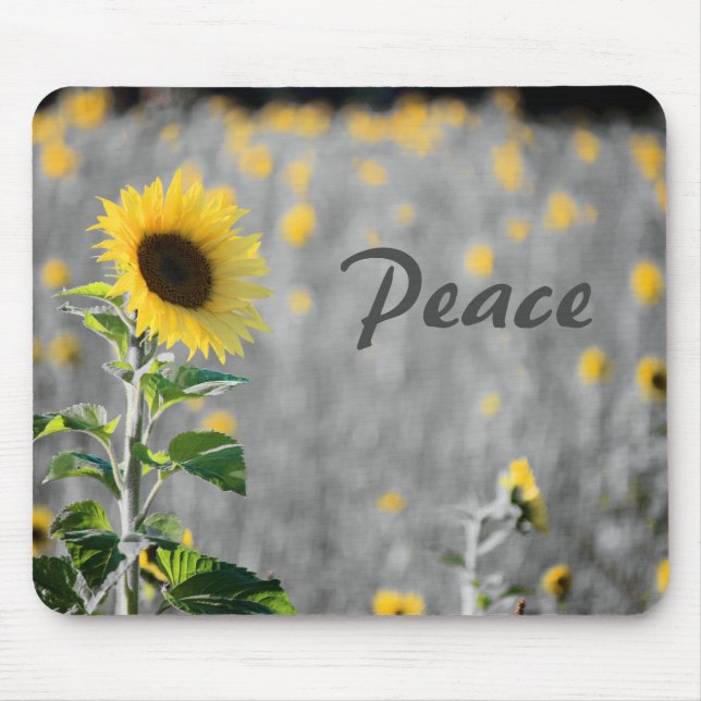 "Peace" Phrase, Field of Sunflowers, Black & White Mouse Pad (Front)