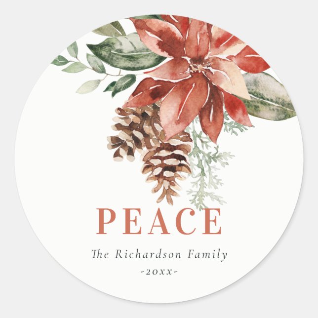 Peace Poinsettia Bunch Watercolor Pine Christmas Classic Round Sticker (Front)