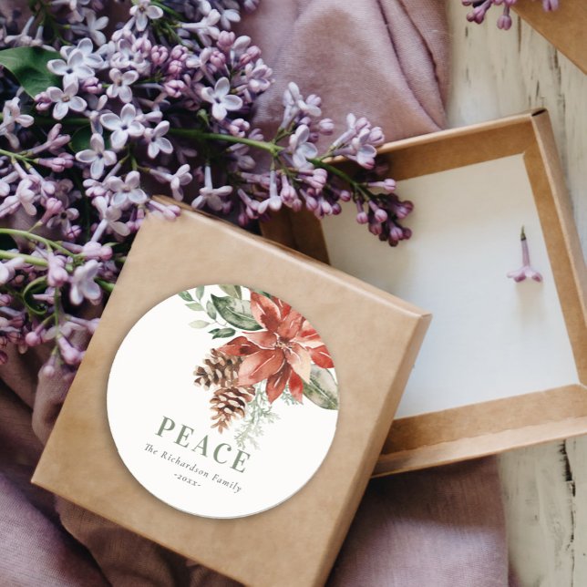 Peace Poinsettia Bunch Watercolor Pine Christmas Classic Round Sticker (Creator Uploaded)