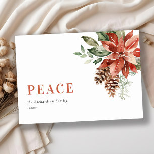 Peace Poinsettia Bunch Watercolor Pine Christmas Holiday Card