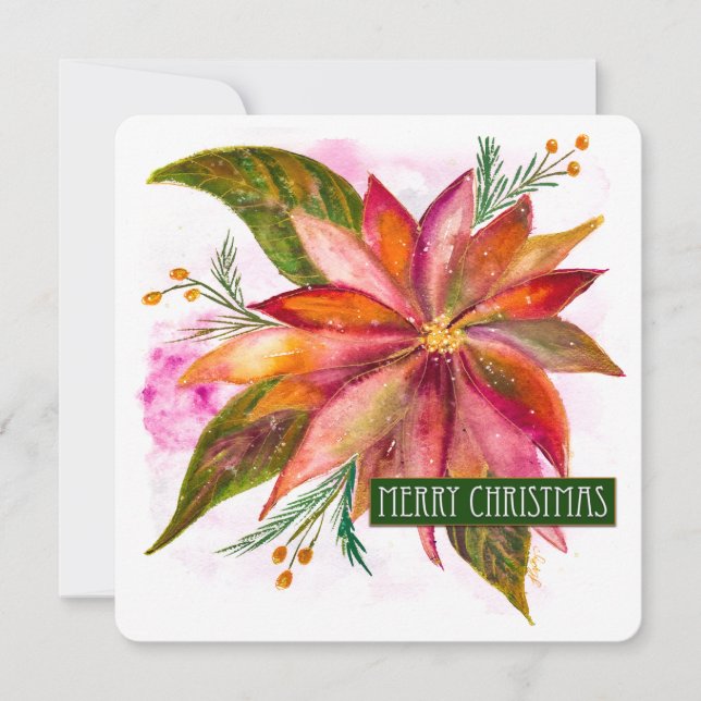 PEACE POINSETTIA Merry Christmas Watercolor Flat Holiday Card (Front)