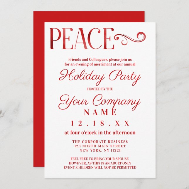 Peace Quote White Red Foil Corporate Holiday Invitation (Front/Back)