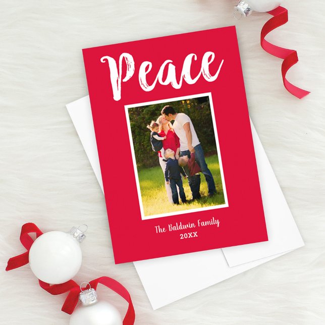 Peace Red Brushed Script Photo Holiday Card (Creator Uploaded)
