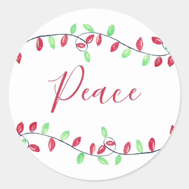 Peace Red Green Christmas String Lights Holiday Classic Round Sticker (Front)