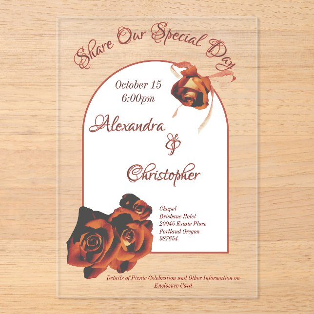 Peace Rose Wedding  Acrylic Invitations (Front)