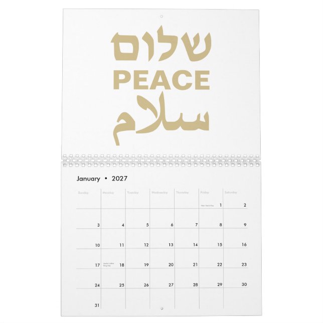 Peace Shalom Salaam white gold modern typography Calendar (Jan 2027)