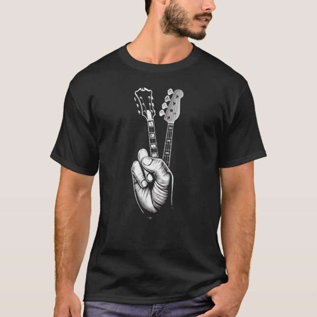 Peace Sign Acoustic Guitar Fingers Guitarist Music T-Shirt (Front)
