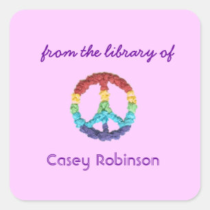 Peace sign custom bookplates - pink square sticker