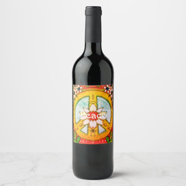 Peace sign daisy boho wedding hippie love wine label (Front)