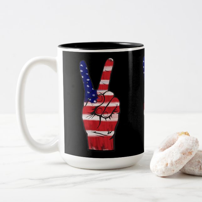 Peace Sign Flag Two-Tone Coffee Mug (With Donut)