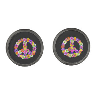 Peace Sign Floral Gunmetal Finish Cufflinks