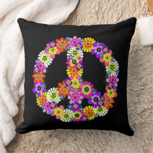 Peace Sign Floral in Black Cushion