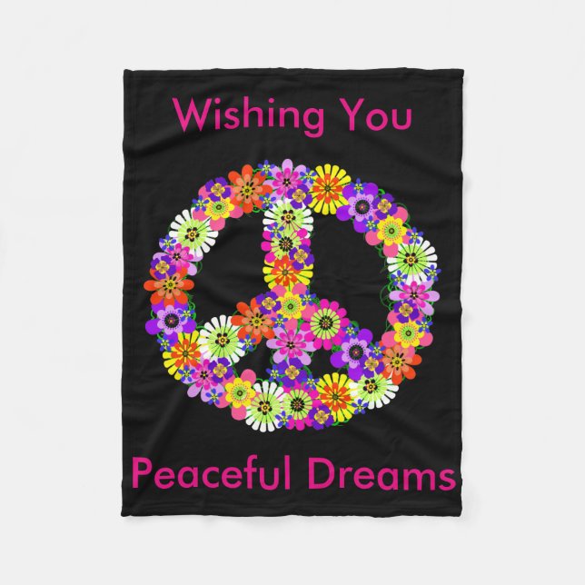 Peace Sign Floral in Black Peaceful Dreams Fleece Blanket (Front)