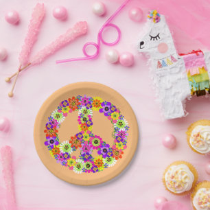 Peace Sign Floral in Peach Paper Plate