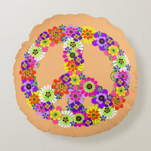 Peace Sign Floral in Peach Round Cushion
