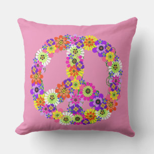 Peace Sign Floral in Pink Outdoor Cushion