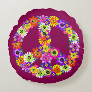 Peace Sign Floral in Raspberry Round Cushion