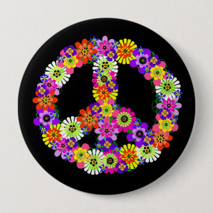 Peace Sign Floral on Black 10 Cm Round Badge