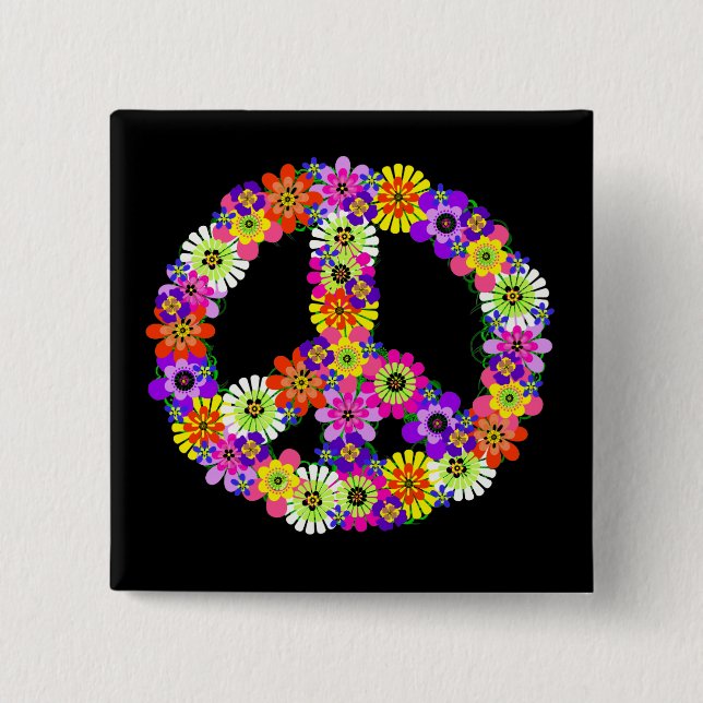 Peace Sign Floral on Black 15 Cm Square Badge (Front)