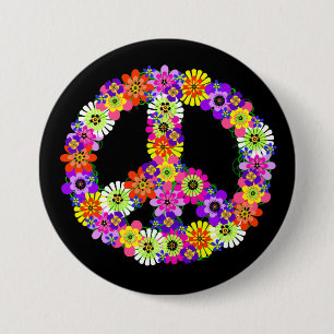 Peace Sign Floral on Black 7.5 Cm Round Badge