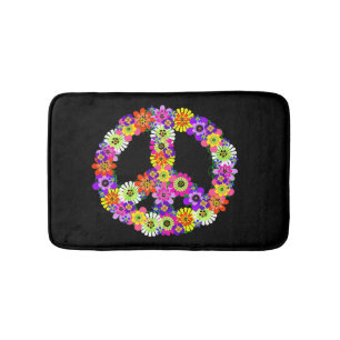 Peace Sign Floral on Black Bath Mat