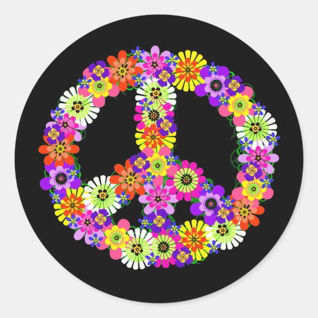 Peace Sign Floral on Black Classic Round Sticker (Front)