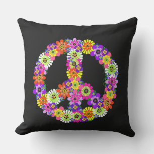 Peace Sign Floral on Black Cushion