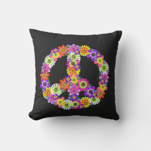 Peace Sign Floral on Black Cushion