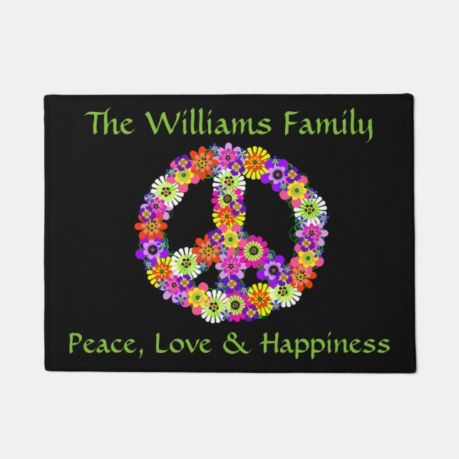 Peace Sign Floral on Black Customised Doormat (Front)