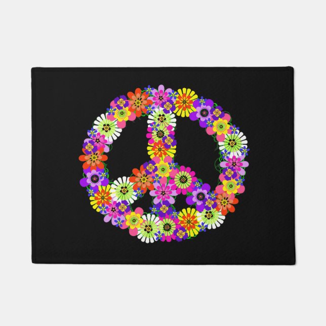 Peace Sign Floral on Black Doormat (Front)