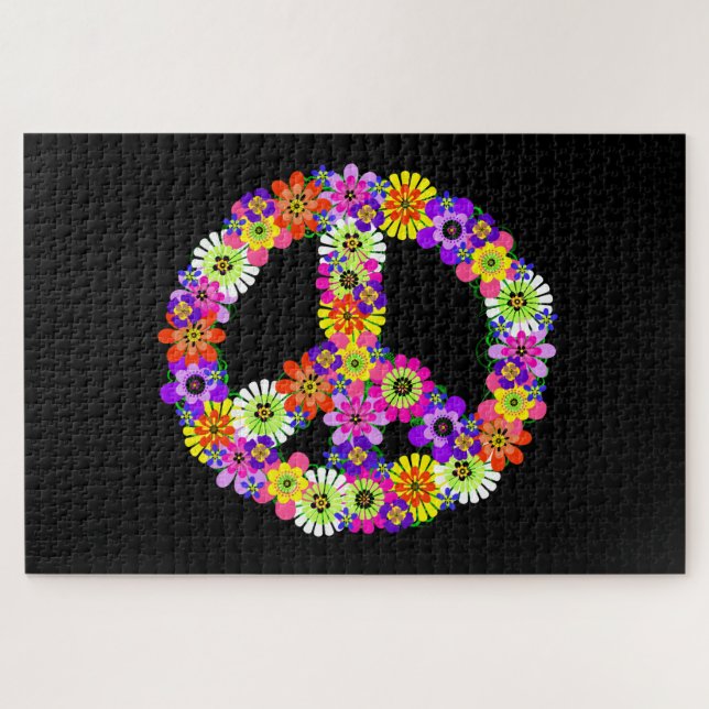 Peace Sign Floral on Black Jigsaw Puzzle (Horizontal)