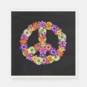 Peace Sign Floral on Black Napkin