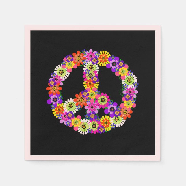 Peace Sign Floral on Black Napkin (Front)