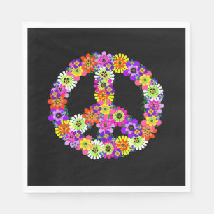 Peace Sign Floral on Black Napkin