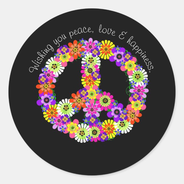 Peace Sign Floral on Black Peace Love Happiness Classic Round Sticker (Front)