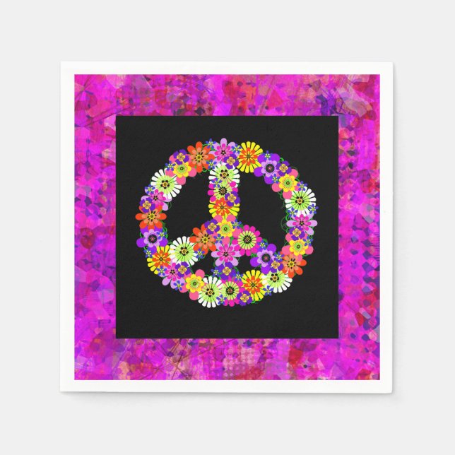Peace Sign Floral on Black Petals Napkin (Front)